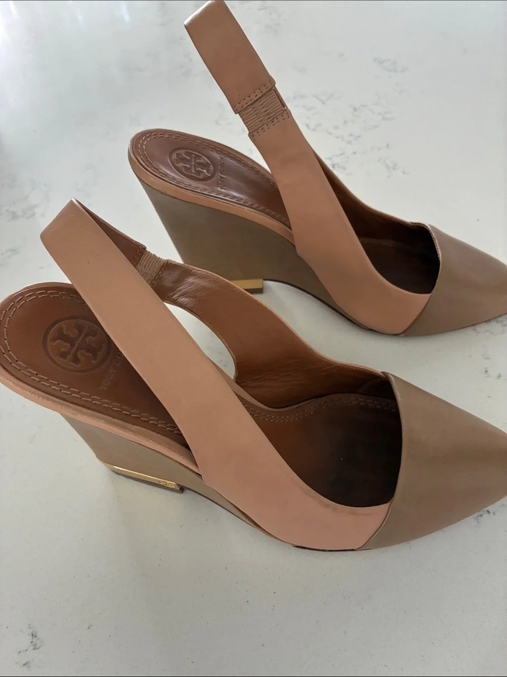 Tory Burch Two-Tone Tan & Camel Pointed Slingback Pumps